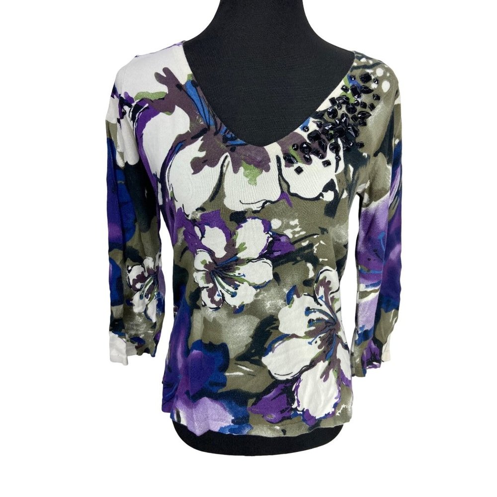 Cable & Gauge Purple/Hunter Green/White Knit Beaded 3/4 Sleeve Top Size Small
